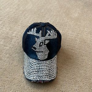 Crystal and denim buck head hat. One size fits all